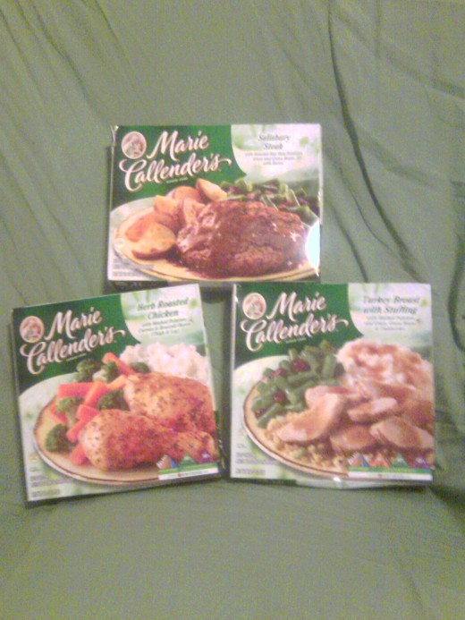 These are 3 Marie Calender's meals.On the left is herb roasted chicken at 460 calories, on top is Salisbury steak at 370 calories and to the right is Turkey and Stuffing at 350 calories they all weigh in at 14oz. which is sure to satisfy!   