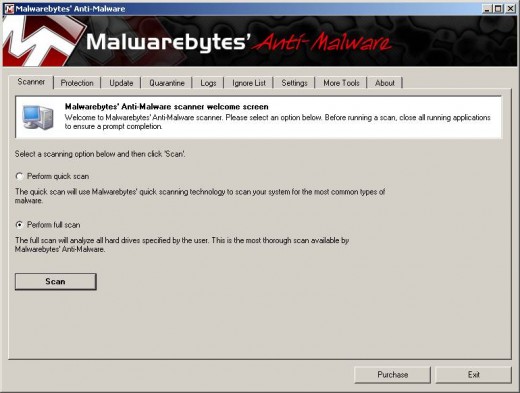 Malwarebytes' Anti-Malware Interface