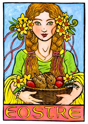Eostre with her rabbits and eggs.