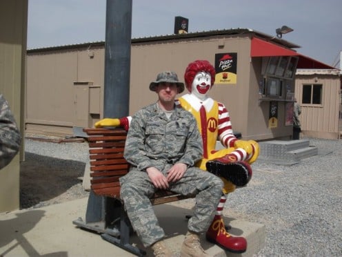 Ronald McDonald at a military base in Southwest Asia, cheering up the soldiers. 