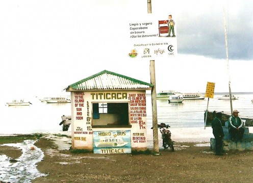 Ferry tickets to Isla del Sol are sold at kiosks like this.