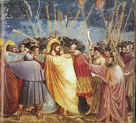 "The Kiss of Judas" is a traditional depiction of Judas by Giotto di Bondone, c. 1306. Fresco in the Scrovegni Chapel, Padua