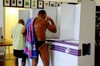 A voter dashes in from the beach at Bondi to cast a quick vote.