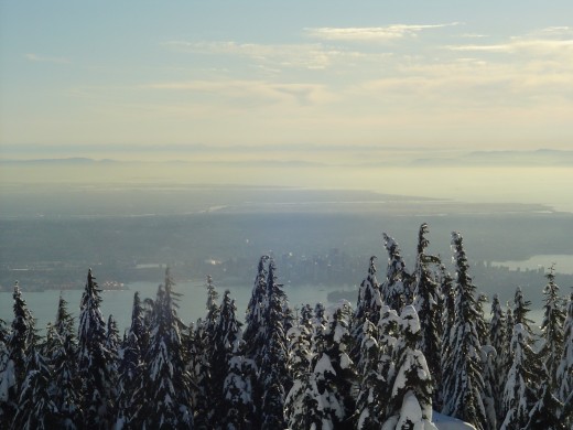 View of Vancouver from the top of Grouse Mountain. You can see Stanley Park in the foreground and downtown Vancouver just behind.
