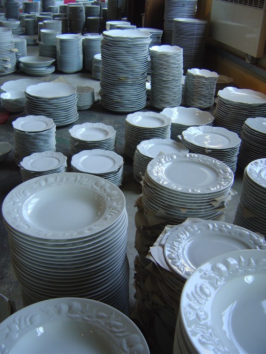 White plates in the factory shop of Royal Limoges Porcelaine