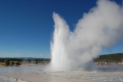 Old Faithful is powered by a volcanic hot spot deep in the earth beneath Yellowstone National PArk.