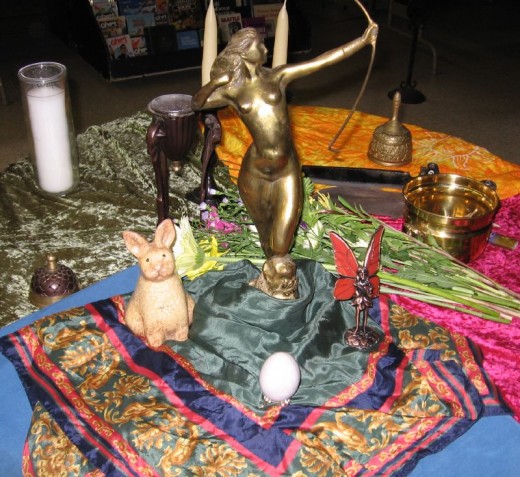 An Ostara altar with a Goddess representation as well as items representing fertility (i.e. the rabbit and the egg)