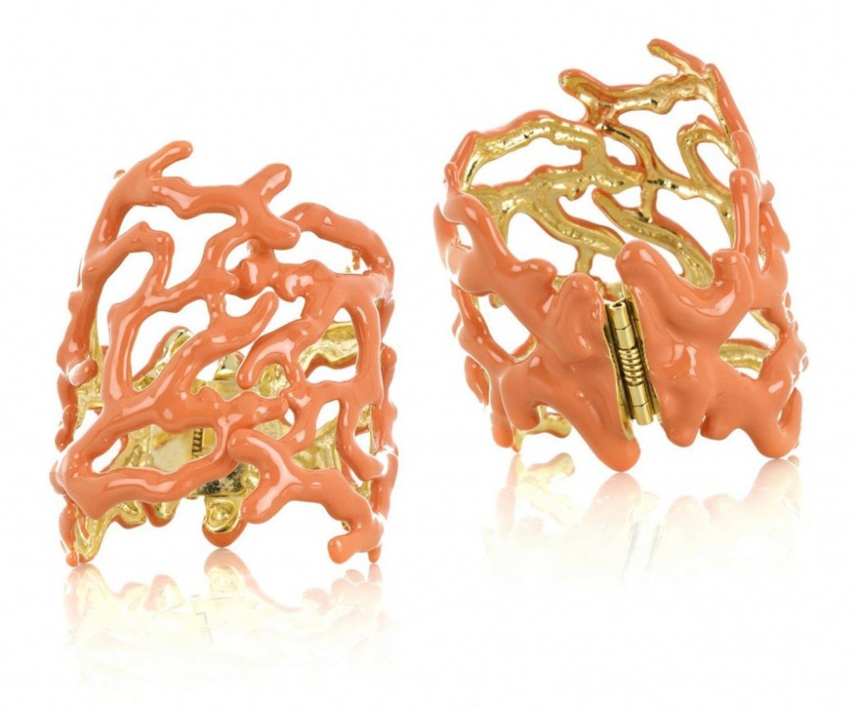 Kenneth Jay Lane Faux Coral Cuff  This cuff is very vibrant and it actually brings natural liveliness since this cuff features a coral-colored 22-karat gold-plated enamel material. 