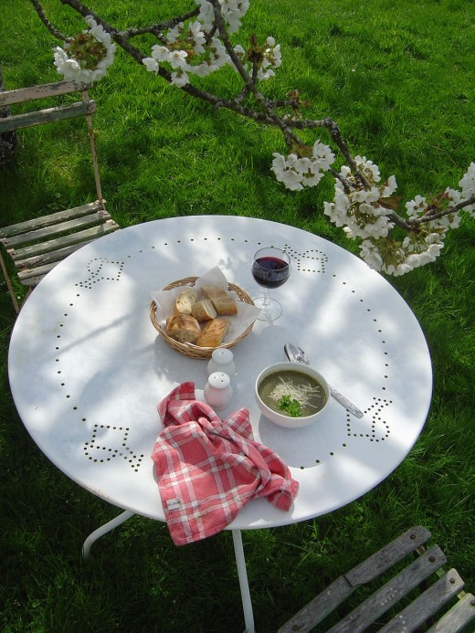 Enjoy! My weed soup served with French bread underneath the cherry tree in the gardens of our guest house in Videix, Limousin