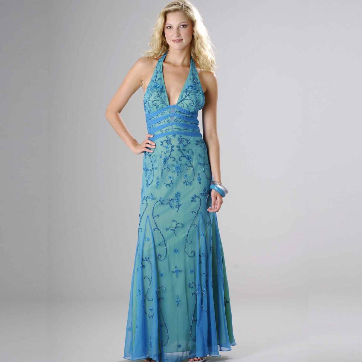photo credit: sears.com. Formal Gallery beaded prom dress, Womens long evening gown, Halter dress (50181), turq/lime,on sale for $149, reg price= $310, available in sizes small to extra large 