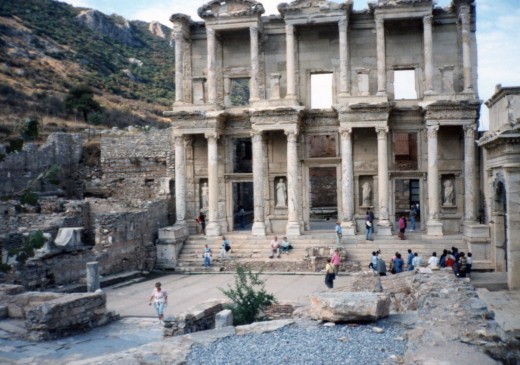 The reconstructed faade of the Library of Celsius at Ephesus, Turkey.  Personal photo.  
