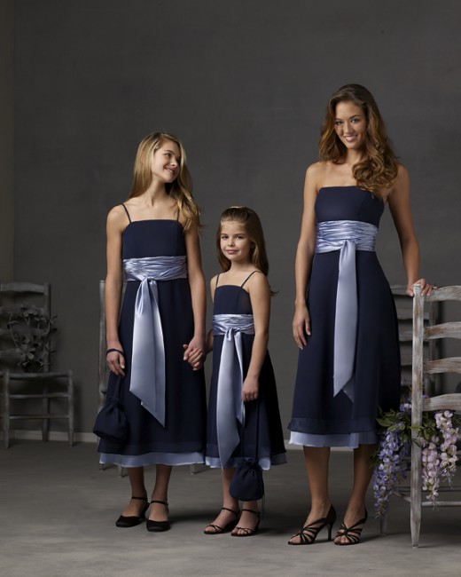 Bridesmaid Dresses: Forever Yours Bridesmaids Dresses #77202 Charmeuse/Chiffon Strapless knee length gown with shirred waist band and hanging belt with double tier hem.
