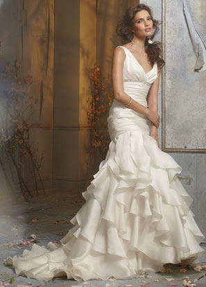 Jim Hjelm Bridal Gowns, Wedding Dresses: Style jh8000 Ivory Silk Satin Faced Organza formal bridal gown, empire V neckline accented with crystal trim, draped elongated bodice, bias cut asymmetrical ruffle skirt, chapel train. Jim Hjelm Bridal Gowns, Wedding Dresses: Style jh8000 Ivory Silk Satin Faced Organza formal bridal gown, empire V neckline accented with crystal trim, draped elongated bodice, bias cut asymmetrical ruffle skirt, chapel train.