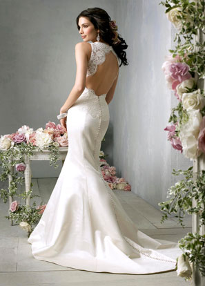 Jim Hjelm Bridal Gowns, Wedding Dresses: Style jh8859 Ivory Silk Duchess Satin trumpet bridal gown, sleeveless Ivory Alenon lace bodice, V-neckline, open back, covered buttons, chapel train Jim Hjelm Bridal Gowns, Wedding Dresses: Style jh8859 Ivory Silk Duchess Satin trumpet bridal gown, sleeveless Ivory Alenon lace bodice, V-neckline, open back, covered buttons, chapel train