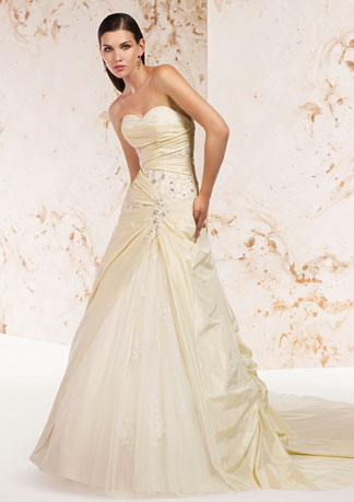 Alyce Designs Claudine Wedding Dress: Calista - 7226 Taffeta Tulle Strapless gown with sweetheart neckline; banded, wrapped bodice with beading; split Polonaise overskirt with train; tulle underskirt. Alyce Designs Claudine Wedding Dress: Calista - 7226 Taffeta Tulle Strapless gown with sweetheart neckline; banded, wrapped bodice with beading; split Polonaise overskirt with train; tulle underskirt.