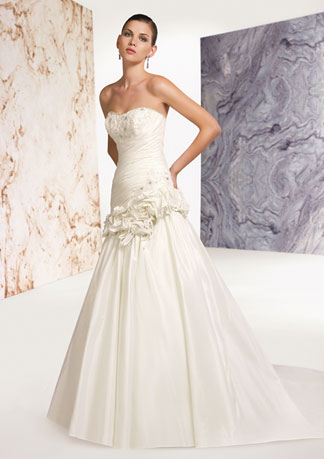 Alyce Designs Claudine Wedding Dress: Cara - 7231 Taffeta Strapless gown with sweetheart neckline; asymmetrically ruched bodice; back lace-up corset styling; floral hip detail, full skirt with cascading back ruffle and train Alyce Designs Claudine Wedding Dress: Cara - 7231 Taffeta Strapless gown with sweetheart neckline; asymmetrically ruched bodice; back lace-up corset styling; floral hip detail, full skirt with cascading back ruffle and train