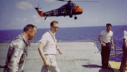 Alan Shepard aboard the recovery carrier USS Lake Champlain. Photo courtesy of NASA.