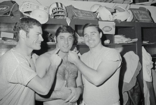 New York Jet quarterback Joe Namath is kidded by teammates Don Maynard (left) and Jim Turner (right) after he shaved off his Fu Image by  Bettmann/CORBIS