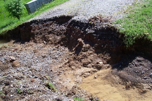 This is what water can do when it can't get threw the nearest culvert.  This is my driveway.