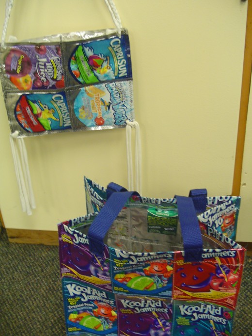 Based on this design, students created their own home-made recycling bag! (top left)
