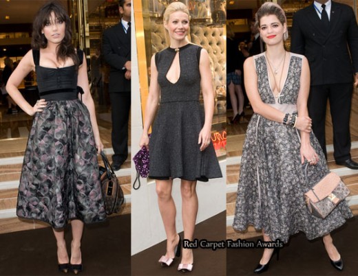 more celebrities at the red carpet opening of Louis Vuitton Bond Street London.  Daisy Lowe who is the face of Louis Vuittons Damier Azur collection opted for a corseted Louis Vuitton Fall 2010 dress with a print skirt. Gwyneth Paltrow wore a grey tw
