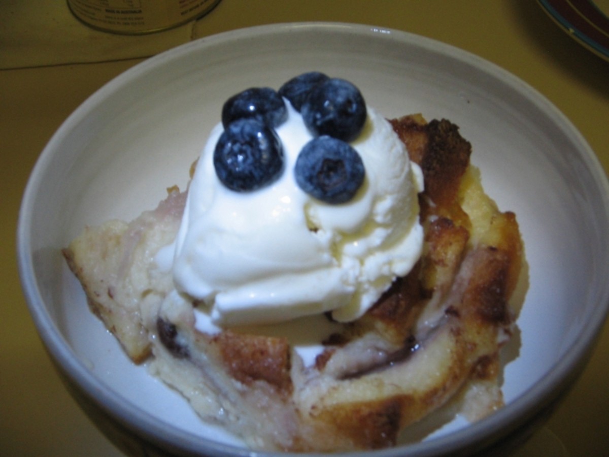 Bread and Jam Pudding with Ice Cream and Blueberries!