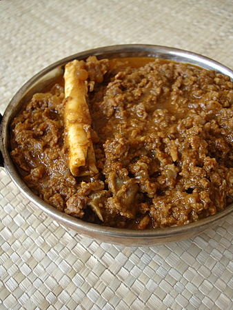 Spicy minced keema meat curry prepared using garam masala.