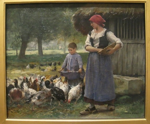 "Farm Girl Feeding Chickens" by Julien Dupr (1851-1910). 