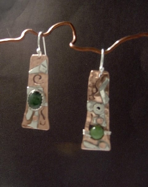 "Jaded" Copper and sterling silver with bezel set jade.