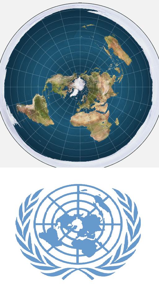 A map of the earth as a disc, and the UN emblem that is claimed to support the theory. 