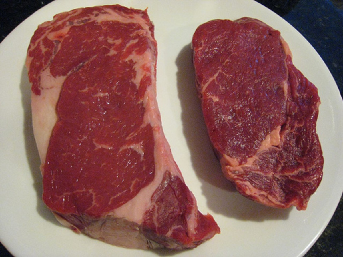 The same cut from a grain-fed steer (left), and a grass-fed steer. Notice the fat in the grain-fed steak.