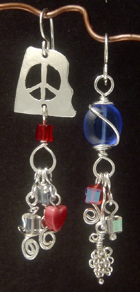 "The Colors of Peace" Earrings - Sterling Silver - cutwork, wirework and glass.