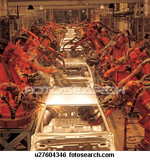 Car assembly has come a long way, with robots doing much of the assembly line work. There are fewer laborers, but those that remain run the robots, each of which has replaced assembly line workers. This is part of the alienation of labor from product