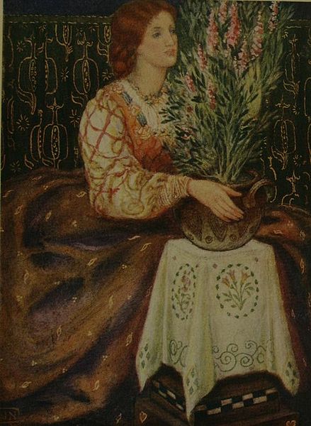 Woman, with basil plant, art