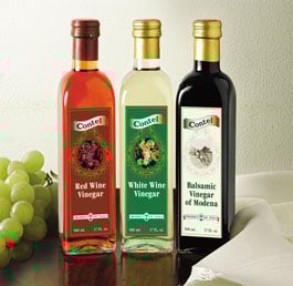 Balasmic vinegar, red wine vinegar, and white wine vinegar