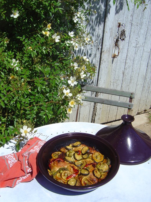 Chicken Tajine photographed in the gardens at Les Trois Chenes, Videix, Limousin, France