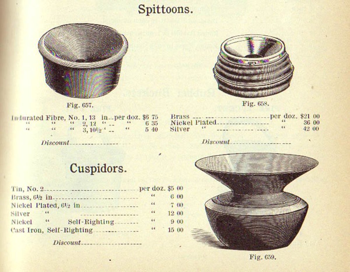 Today, the terms spittoon and cuspidor are largely interchangeable, spittoon being the more usual. In this 1893 Handlan Company catalog, cuspidor referred to the model having a bowl-shaped base, a pinched neck, and a funnel-shaped opening.