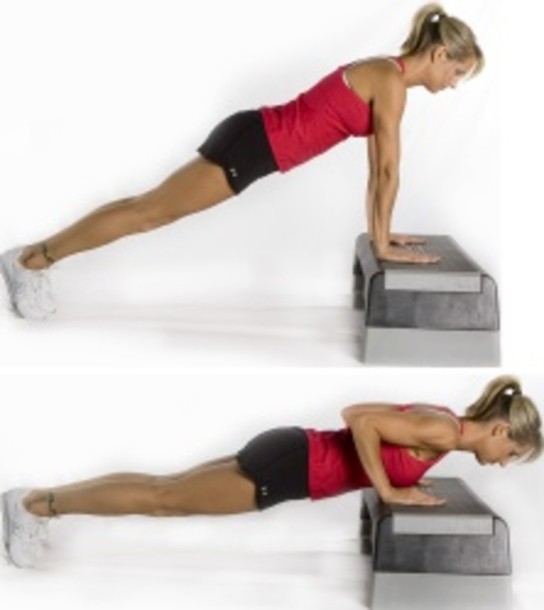 land push ups demonstration with blond girl in red top and black short using a silver block for added resistance
