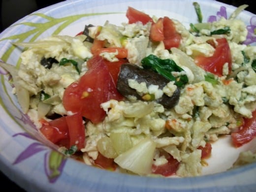 Eggs with spinach, onions, mushrooms, and tomatoes.  Personal photo.