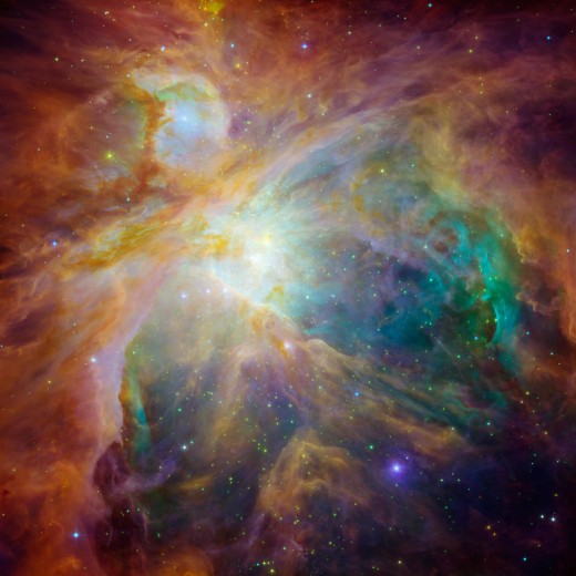 This is an overview of the Orion Nebula. You can see it for yourself with good binoculars. Just look toward the stars that make up the knife in the constellation.