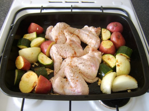 Chicken Wings and Vegetables in Baking Tray