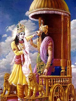 Krishna preaching Bhagvad Gita to Arjuna in the Mahabharata Battle