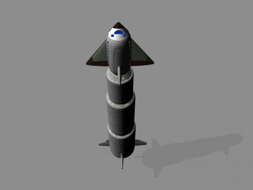 The illustration above shows the re-entry module on top of the 3-stage steam-powered rocket. 