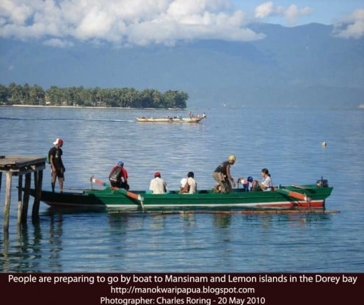Going to tropical island of Mansinam in Manokwari city of West Papua province of Indonesia