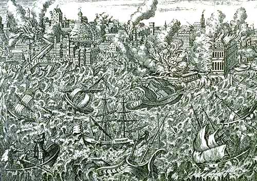 A copper engraving showing the destruction caused in the city due to the devastating earthquake and tsunami.