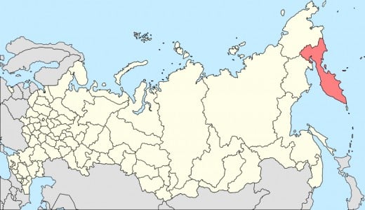 The red region in the map showing The Kamchatka Peninsula.
