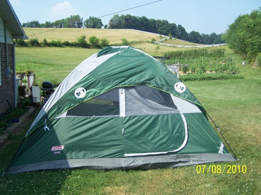 The front of our new Coleman Oasis tent, with the rain cover installed.