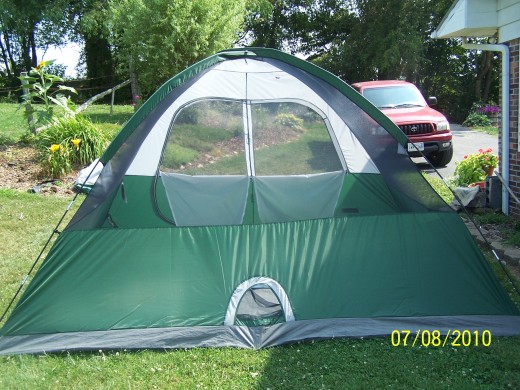 The rear view of the tent. Notice the little port at the bottom of this side which allows for the electrical cord access.