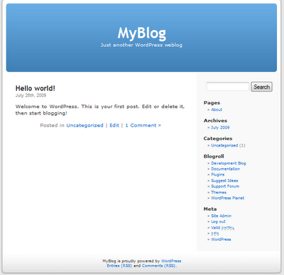 Wordpress default welcome page after installation