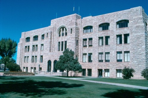 The Art Deco Albany County Courthouse in Laramie, Wyoming is built from native sandstone. 